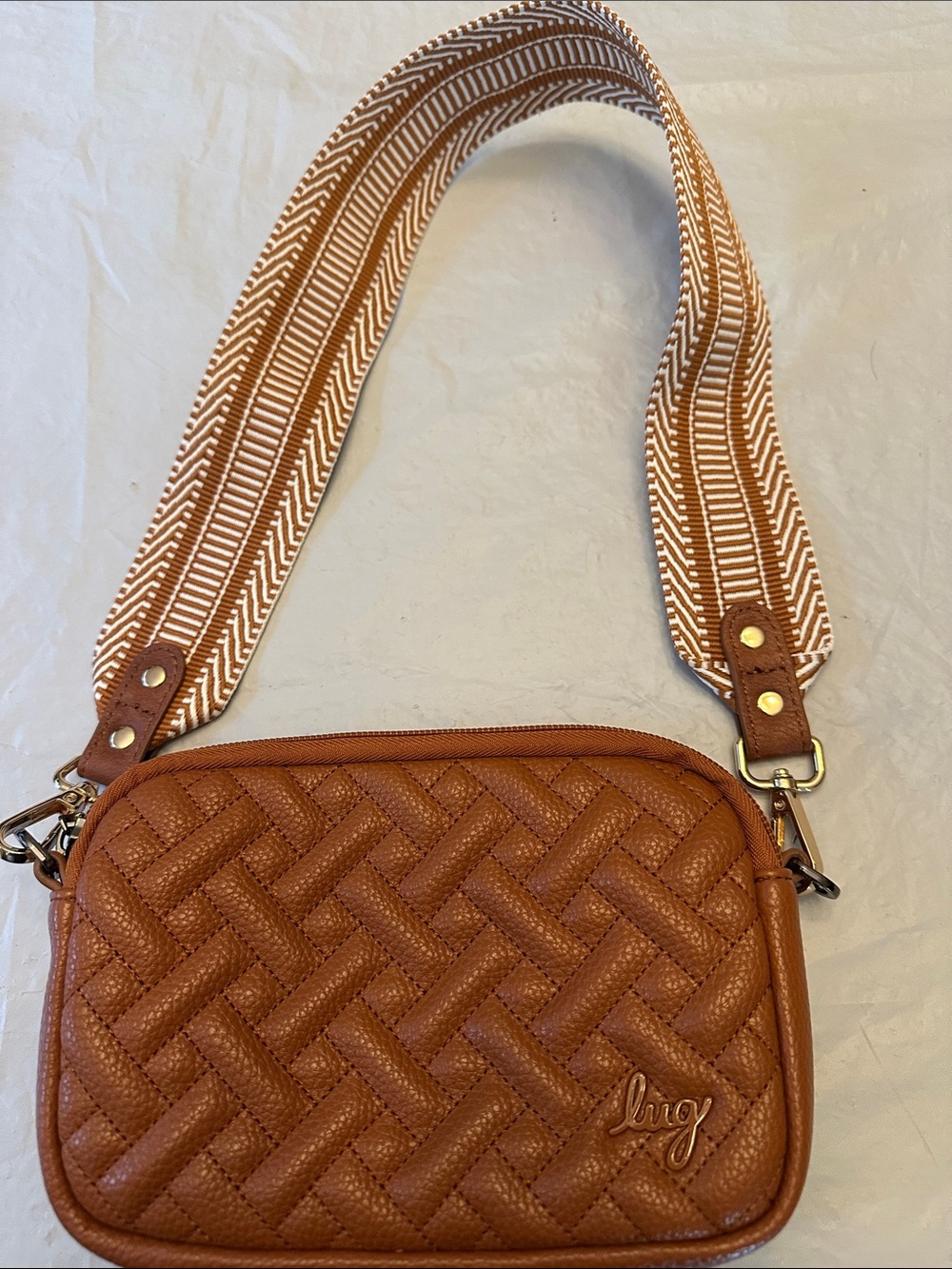 lug Quilted Crossbody Bag in Cognac Brown with Patterned Strap